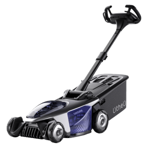 Tondeuse à batterie Litheli EasySurge avec 2 batteries, largeur de coupe 43 cm et bac de ramassage.
