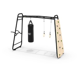 Exit Toys GetSet Monkeybar MB220 con sacco da boxe, anelli da ginnastica e parete da arrampicata. Attrezzatura sportiva e fitness per il giardino.