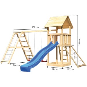 Tour de jeu Karibu Lotti avec balançoire double, rampe filet, structure d'escalade et toboggan bleu.