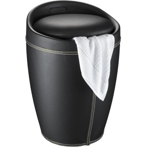 Tabouret de salle de bain Wenko Candy noir aspect cuir avec serviette, siège et panier à linge.