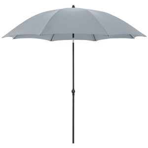 Runder Doppler Sonnenschirm Myzone hellgrau, Ø 200 cm, mit anthrazitfarbenem Stahlmast. Neigbarer Marktschirm für Balkon.
