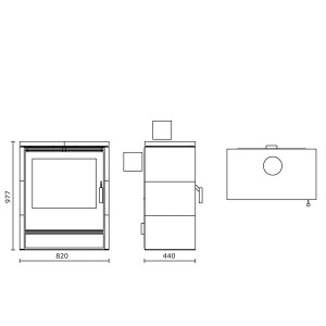 Schéma technique du poêle à accumulation Fireplace Rönky en stéatite avec dimensions pour la planification.