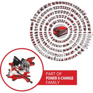Scie à onglet radiale sans fil Einhell Power X-Change TE-SM 36/210 Li Solo, rouge, avec batterie Power X-Change en arrière-plan.