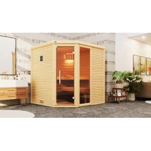 Weka Designsauna Cubilis 2 avec façade en verre, bois d'épicéa, incl. poêle et ensemble d'éclairage.