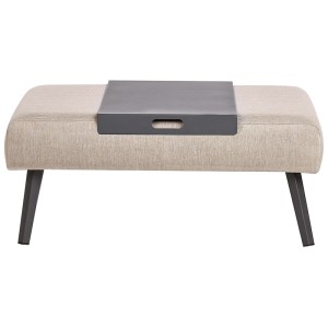 Divano angolare da giardino Beliani Sorrivoli beige con tavolo e vassoio in metallo.