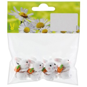 Decorazione pasquale: 4 coniglietti bianchi in poliresina, 2 cm ciascuno, con piccole carote.