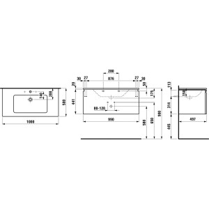Schéma technique meuble de salle de bain Laufen Pro S, 100 cm, blanc brillant, dimensions et détails.