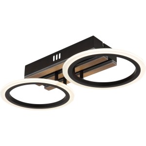 Plafonnier LED moderne Blevins, noir mat avec aspect bois et deux éléments lumineux ronds.