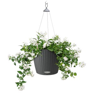 Cesto sospeso Lechuza Nido Cottage 35 in granito con rigogliosi fiori bianchi.