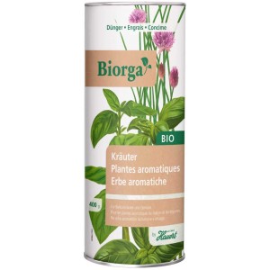 Hauert Biorga engrais pour herbes aromatiques en boîte, avec illustrations d'herbes.