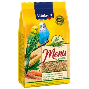 Vitakraft Menu Vital Komplex Cocorite 1kg: Alimento per cocorite con cereali, semi ed erbe in sacchetto giallo.