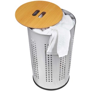 Cesto portabiancheria cromato Diaqua® (50 l) con coperchio in legno e fori quadrati.