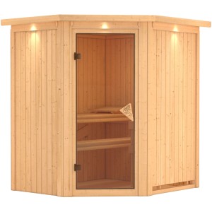 Sauna Karibu Tjorven con porta in legno-vetro e stufa. Sauna a elementi per relax a casa.