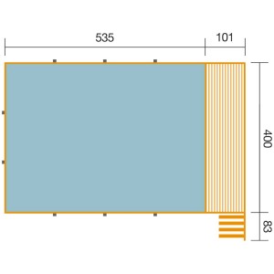 Vue de dessus de la piscine en bois massif Wek 595 bleu/mosaïque taille 2 avec dimensions et terrasse ensoleillée.