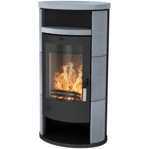 Poêle à bois Alicante en stéatite avec feu, corps en acier gris et revêtement en stéatite.