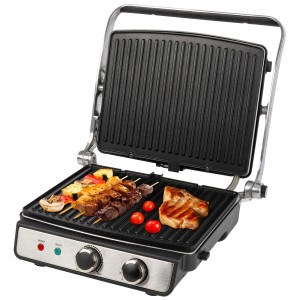 Griglia a contatto KG1264 con cibo. Grill elettrico con corpo in acciaio inox e piastre antiaderenti.