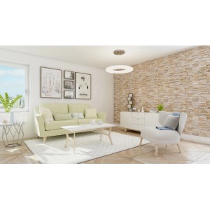 Soggiorno con rivestimento murale Stegu Istria Beige per un'atmosfera mediterranea.
