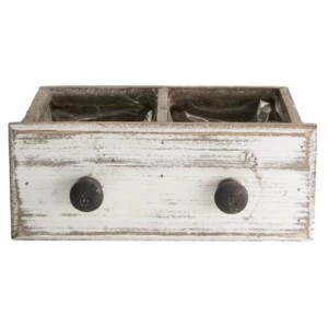 Cassetto in legno shabby chic con 2 scomparti e pomelli, bianco, 9x22x10 cm.
