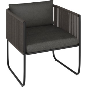 Poltrona lounge Fullerton: sedia antracite con wicker e cuscini grigi per balcone o patio.