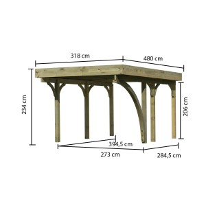 Karibu Einzelcarport Classic mit Stahl-Dacheindeckung, Ansicht mit Maßangaben.