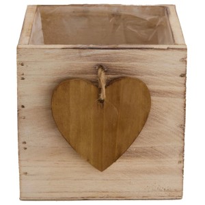 DecoFinder vaso per piante in legno con cuore, marrone, 10x10x10 cm. Decorazione rustica per piante e altro.