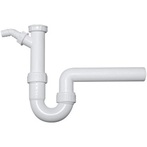 Siphon de cuisine Viega, 38 mm, en plastique blanc avec raccord de tuyau coudé.