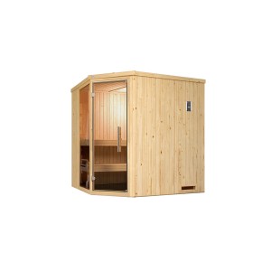 Sauna angolare Weka Element Varberg 2 set risparmio con porta e finestra in vetro, legno di abete naturale.