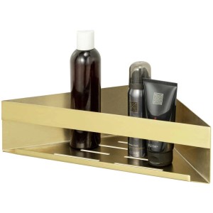 Étagère d'angle Wenko Genova Shine Turbo-Loc en or mat avec produits de soin.