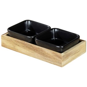 Wenko Dip-Schalen Elo, 3-tlg. Set mit schwarzen Keramikschalen und Akazienholztablett.