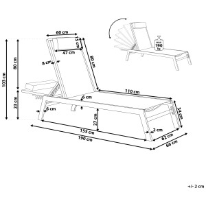 Disegno dettagliato del lettino da giardino Beliani Catania II con dimensioni, telaio in alluminio, tessuto nero.