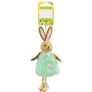 Decorazione pasquale, coniglietto con vestito di peluche color menta.