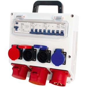 Distributeur de courant de chantier Steffen 32A, équipé, IP55, avec prises et poignée pour chantiers.