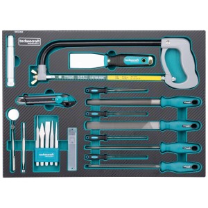 Ensemble d'outils Technocraft dans un chariot d'atelier : scie, limes, couteau et plus, rangés en toute sécurité dans un insert en mousse CNC.