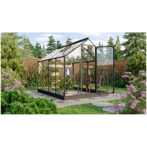 Vitavia Gewächshaus Triton 5000 mit Sicherheitsglas, schwarze Profile, im Garten.