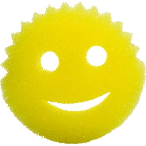 Spugna abrasiva Scrub Daddy gialla a forma di smiley per cucina e casa.