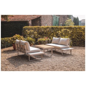 Graues Greemotion Lounge-Set Aruba, 3-teilig, mit Aluminiumrahmen, Bänken und höhenverstellbarem Tisch im Garten.