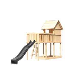 Karibu Cabane de jeux Frieda avec toboggan et plateforme d'extension en anthracite naturel.