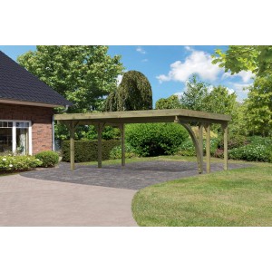 Karibu Doppelcarport Classic aus Holz mit PVC Dachplatten und robusten Pfosten im Garten.