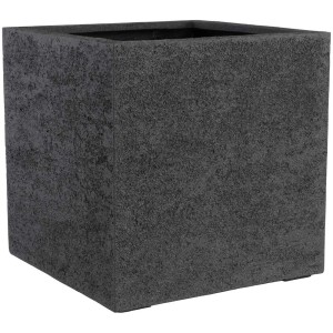 Pot de fleurs Cube Rough carré gris foncé, 55x55x55 cm, en Fiberstone à surface rugueuse.