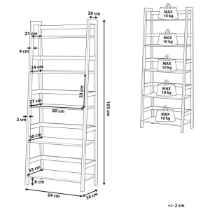Dessin technique de l'étagère Beliani Croydon: 5 niveaux, noir/aspect bois, 163x64x34 cm, avec capacité de charge de 10 kg par niveau.