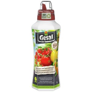 Gesal Bio Engrais Tomates et Poivrons, bouteille de 1 litre avec bouchon doseur.
