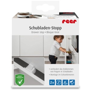 Reer Schubladen-Stopp, 2er-Pack, weiß. Kindersicherung für Schubladen, einfache Montage.