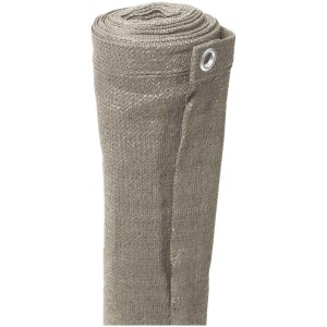 Brise-vue en PE beige-anthracite enroulé avec œillets métalliques pour balcon ou clôture.