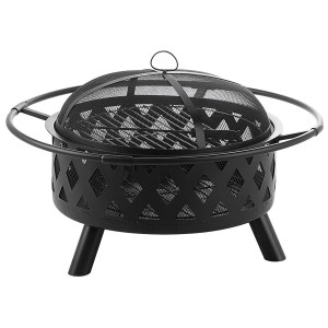 Schwarze Beliani Feuerstelle Mayon aus Stahl mit Funkenschutzhaube und Grillrost.