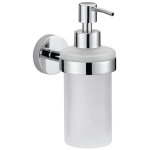 Dispenser sapone cromato Nie Wieder Bohren Smooz con contenitore in vetro satinato.