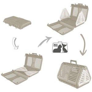Cage de transport pliable pour animaux Rotho Toby, grise, différentes étapes de montage présentées.
