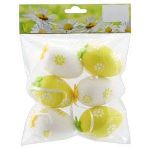 Decorazioni pasquali: 6 uova da appendere in plastica bianco-giallo con motivo floreale.