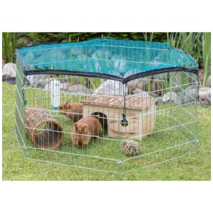 Enclos Trixie Natura galvanisé avec filet de protection et accessoires pour petits animaux.