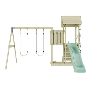Balancelle enfant PolarPlay Uppsala vert menthe avec tour de jeu et toboggan.