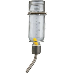 Trixie abbeveratoio in vetro per piccoli animali, 250 ml, con indicatore di livello e supporto in metallo.